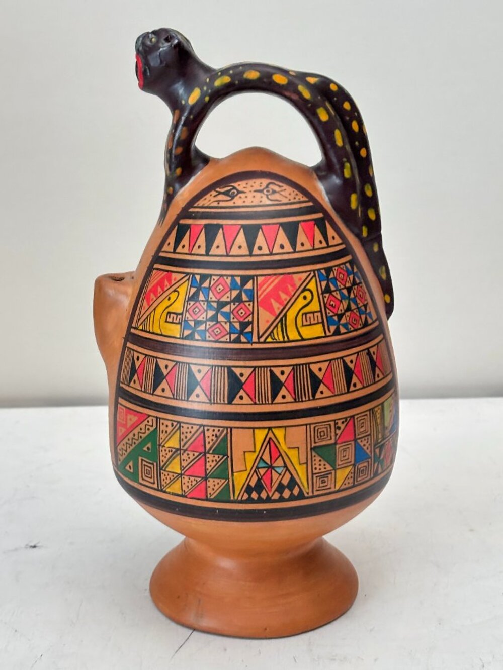 Vintage Peruvian Folk Art Pottery Chicha Jug Cusco Black Jaguar Handle 10"